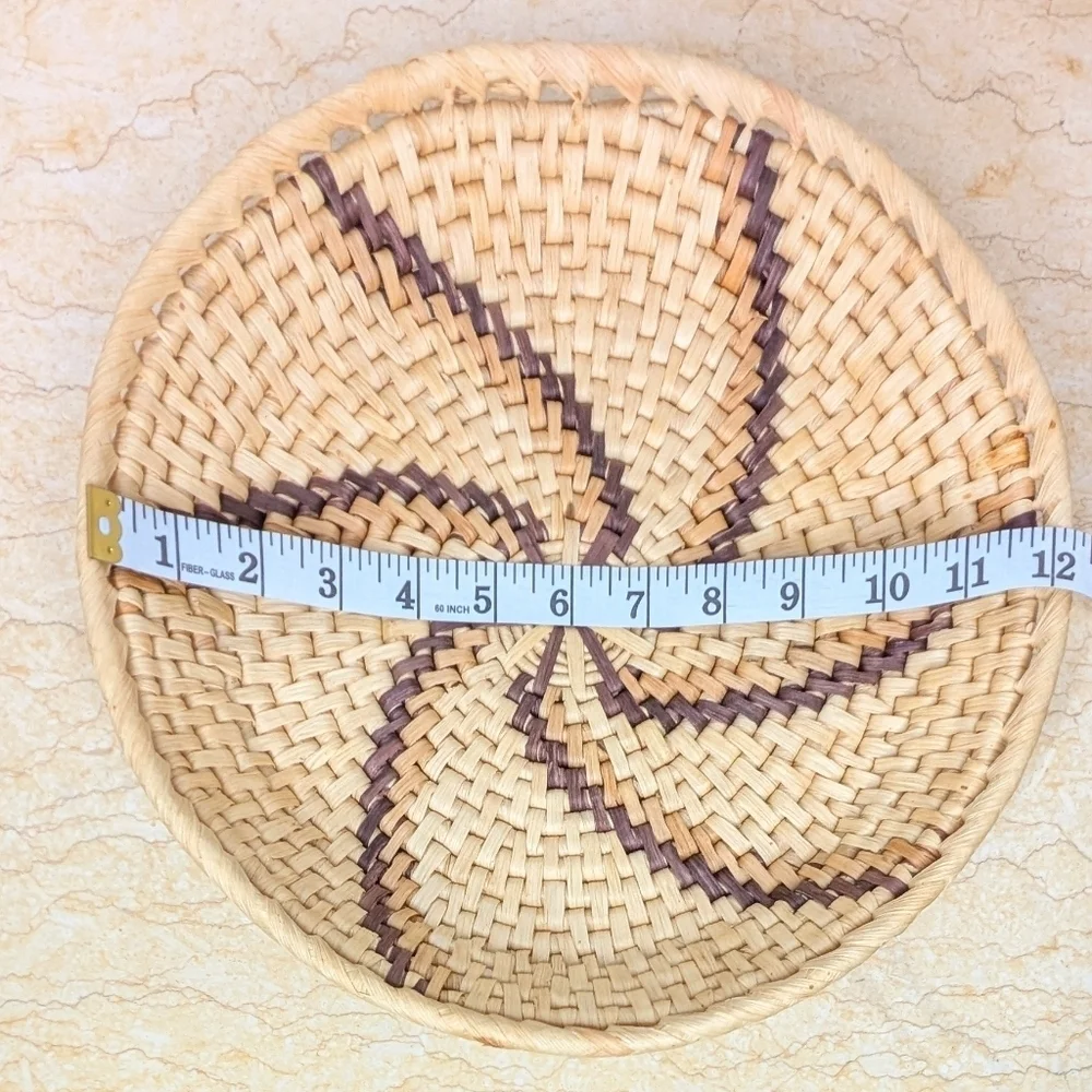Vintage Woven Coil Handmade Round Tan & Brown Pinwheel Basket Harvest Bowl
